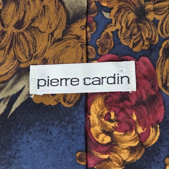 Pierre Cardin 100% Silk Men's Tie Red Gold Floral Pattern Navy Blue Background - Picture 6 of 9